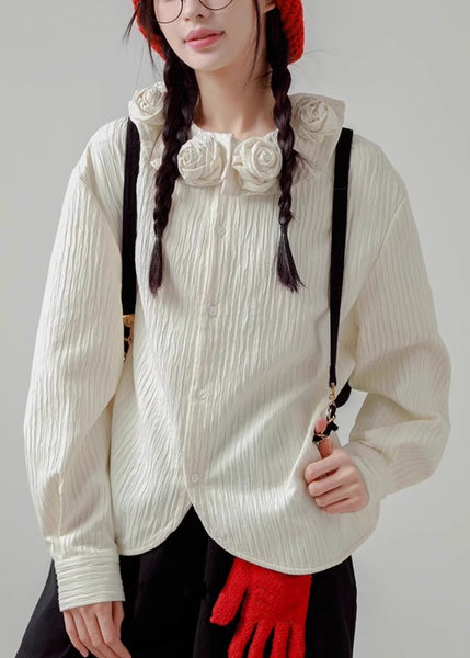 Cotton White Button Spring Shirt Floral Loose FashionChic