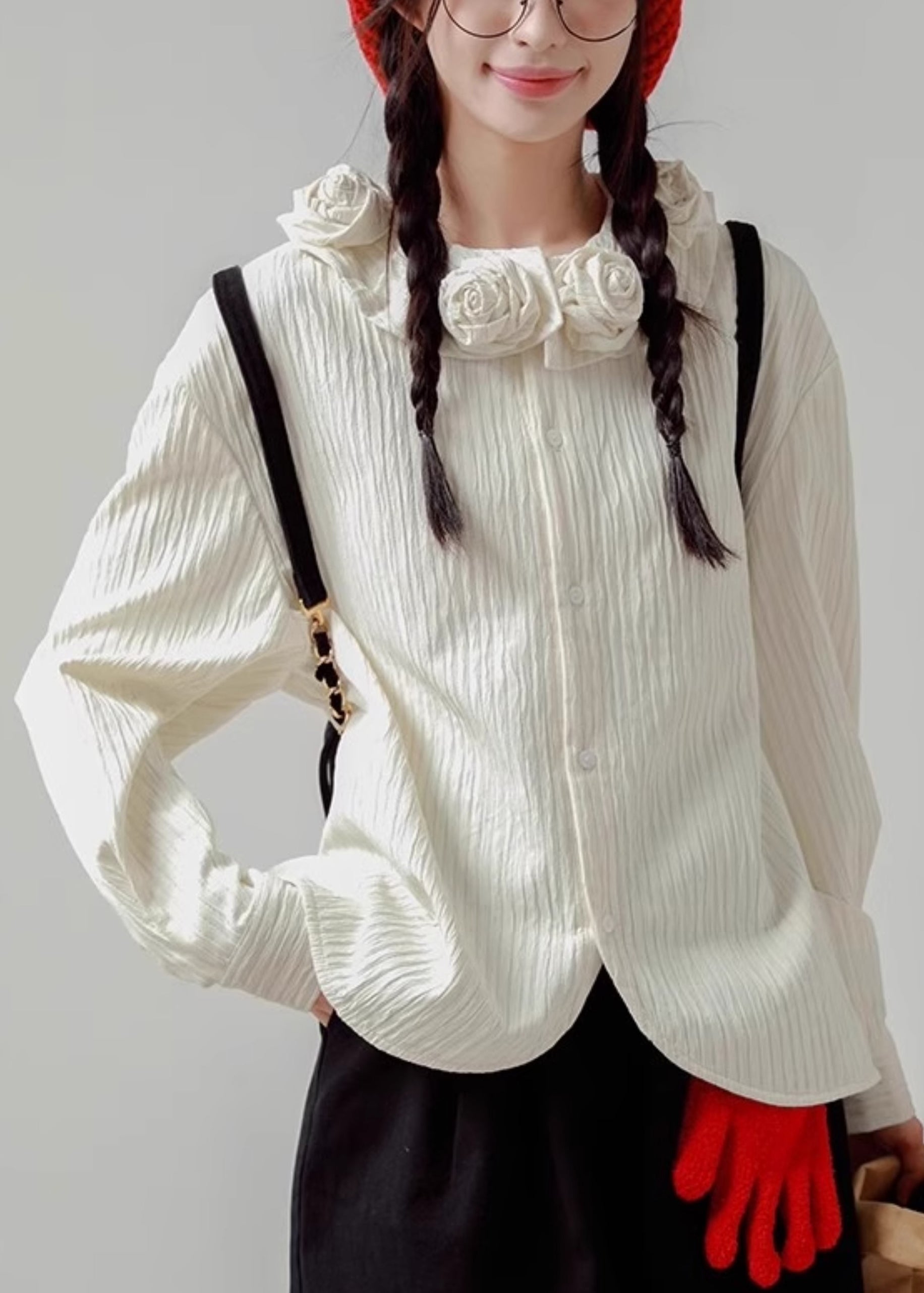 Cotton White Button Spring Shirt Floral Loose FashionChic