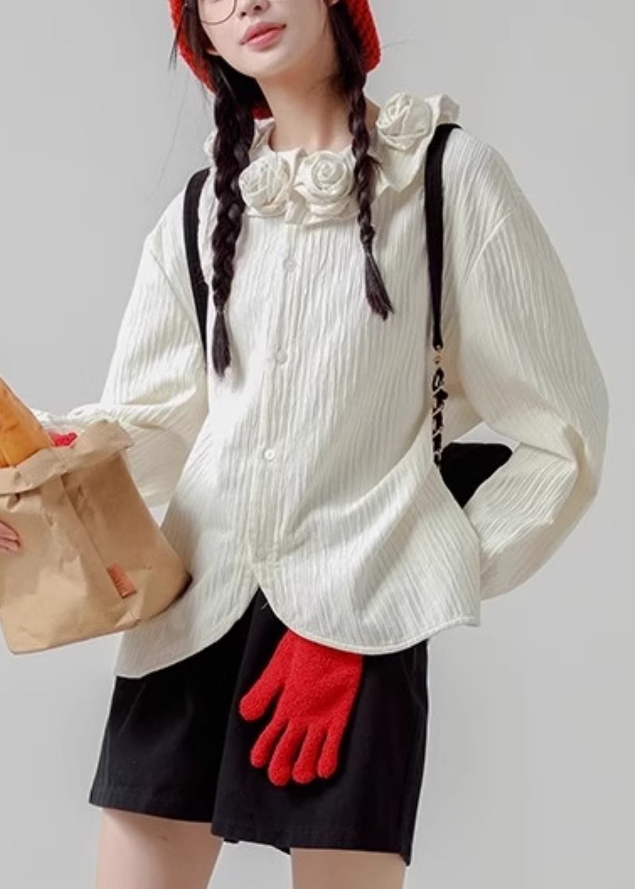 Cotton White Button Spring Shirt Floral Loose FashionChic