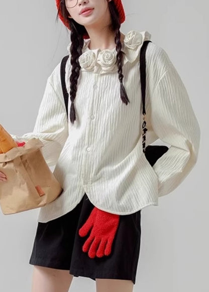 Cotton White Button Spring Shirt Floral Loose FashionChic