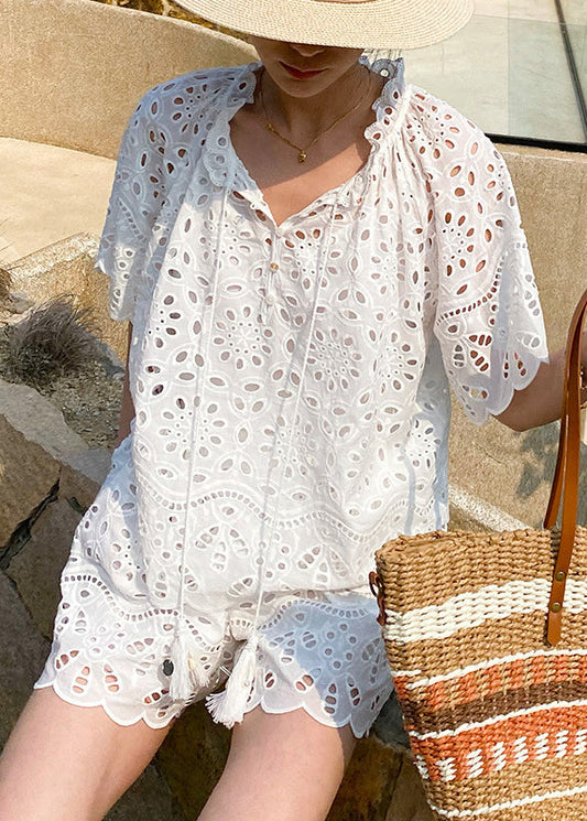 Up White Two Summer Lace Hollow Piece Set Out Loose Cotton FashionChic