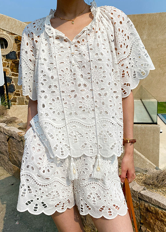 Up White Two Summer Lace Hollow Piece Set Out Loose Cotton FashionChic