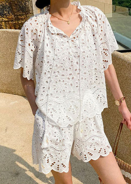 Up White Two Summer Lace Hollow Piece Set Out Loose Cotton FashionChic
