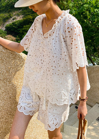 Up White Two Summer Lace Hollow Piece Set Out Loose Cotton FashionChic