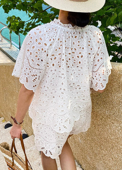 Up White Two Summer Lace Hollow Piece Set Out Loose Cotton FashionChic