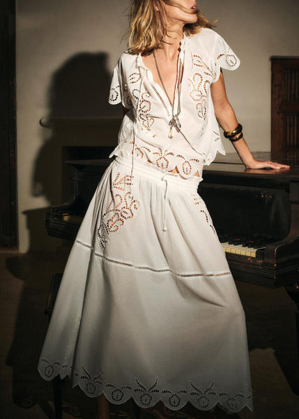 Pieces Skirts Cotton And White Out Hollow Set Loose Shirts Two FashionChic