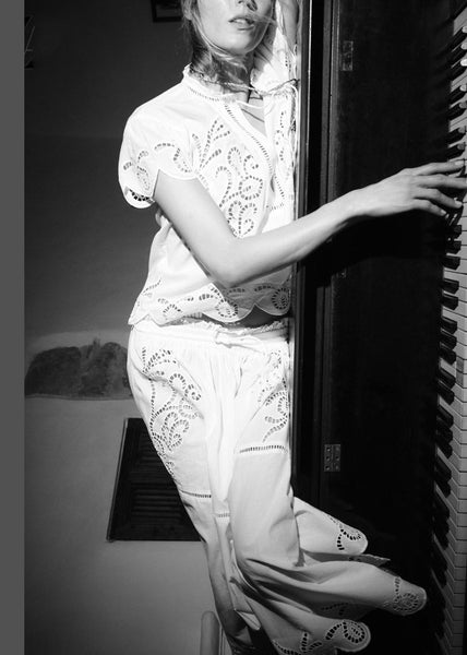 Pieces Skirts Cotton And White Out Hollow Set Loose Shirts Two FashionChic