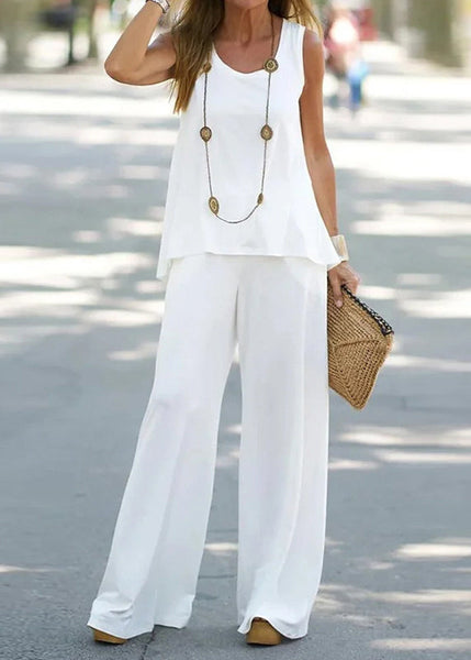 Loose Cotton White Out Two Solid Sleeveless Pieces Hollow Set FashionChic