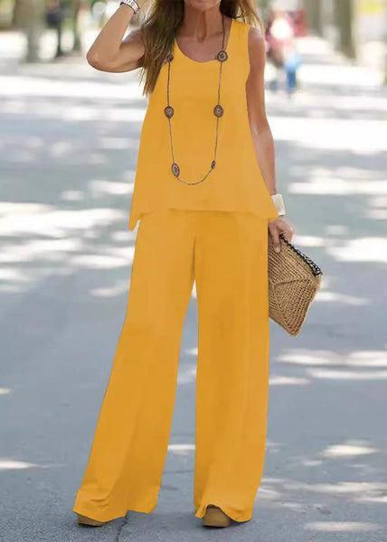 Loose Cotton White Out Two Solid Sleeveless Pieces Hollow Set FashionChic