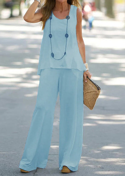 Loose Cotton White Out Two Solid Sleeveless Pieces Hollow Set FashionChic