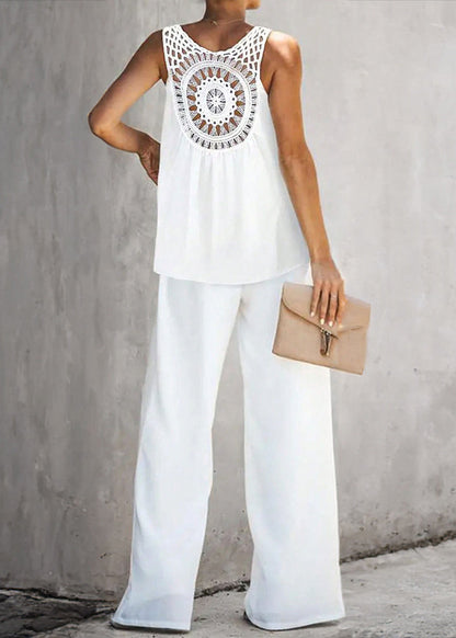 Loose Cotton White Out Two Solid Sleeveless Pieces Hollow Set FashionChic