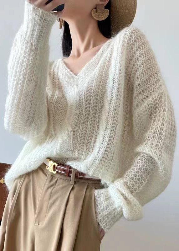 Loose White Hollow Out Solid Knit Sweater Winter WQ048 OL-NTP241031