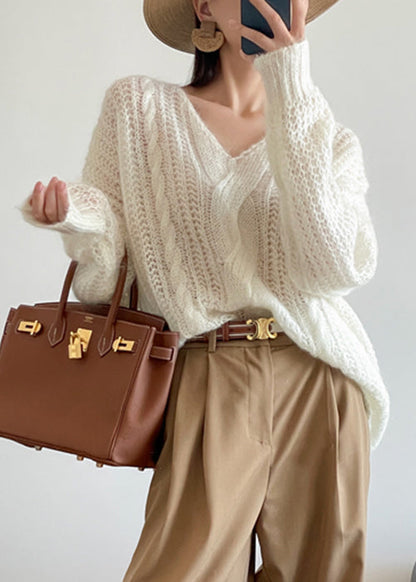 Loose White Hollow Out Solid Knit Sweater Winter WQ048 OL-NTP241031