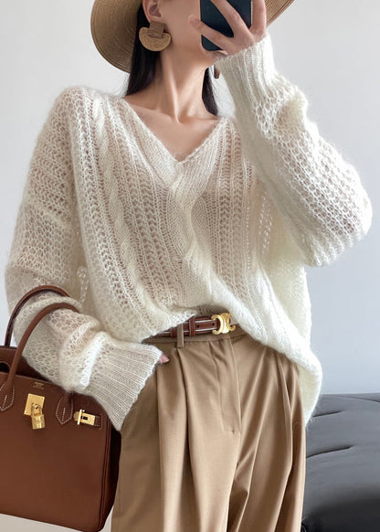 Loose White Hollow Out Solid Knit Sweater Winter WQ048 OL-NTP241031