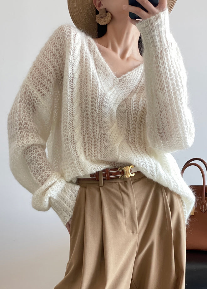 Loose White Hollow Out Solid Knit Sweater Winter WQ048 OL-NTP241031