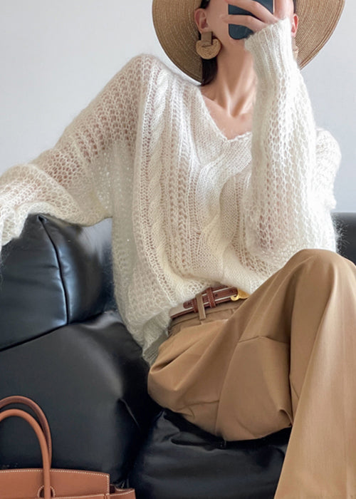 Loose White Hollow Out Solid Knit Sweater Winter WQ048 OL-NTP241031