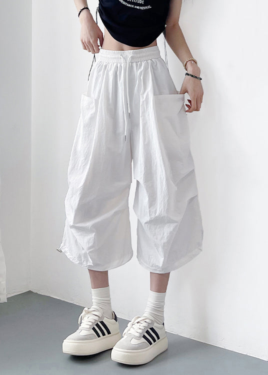 Solid Pockets Cotton Loose Lace White Up Crop Pants FashionChic