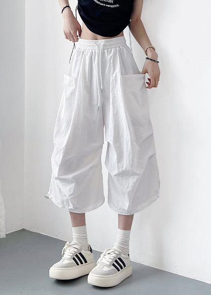 Solid Pockets Cotton Loose Lace White Up Crop Pants FashionChic