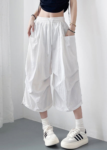 Solid Pockets Cotton Loose Lace White Up Crop Pants FashionChic