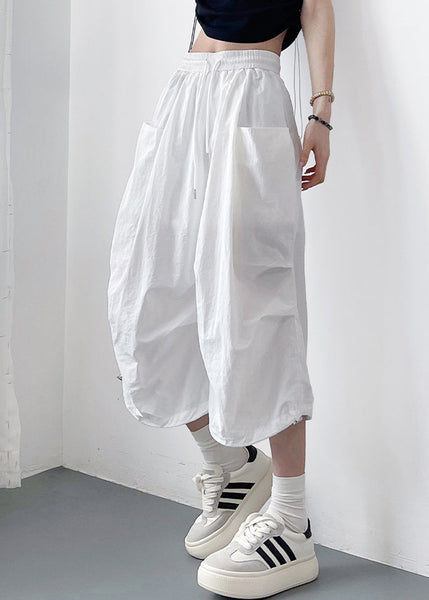 Solid Pockets Cotton Loose Lace White Up Crop Pants FashionChic