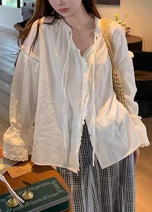 Lace White Flare Cotton Shirt Ruffled Up Loose Sleeve FashionChic
