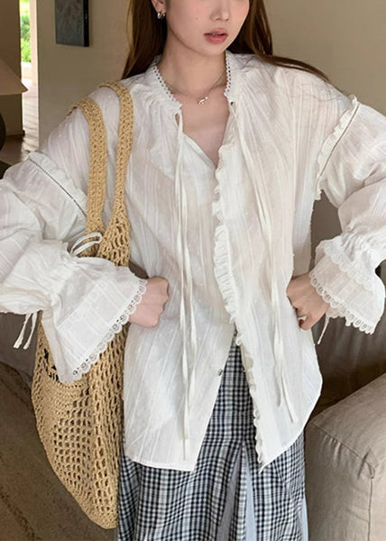 Lace White Flare Cotton Shirt Ruffled Up Loose Sleeve FashionChic