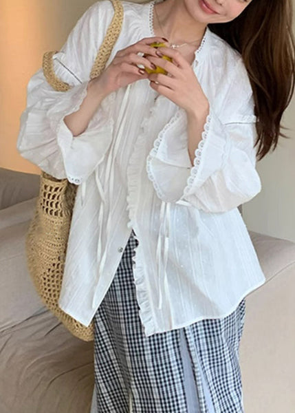 Lace White Flare Cotton Shirt Ruffled Up Loose Sleeve FashionChic