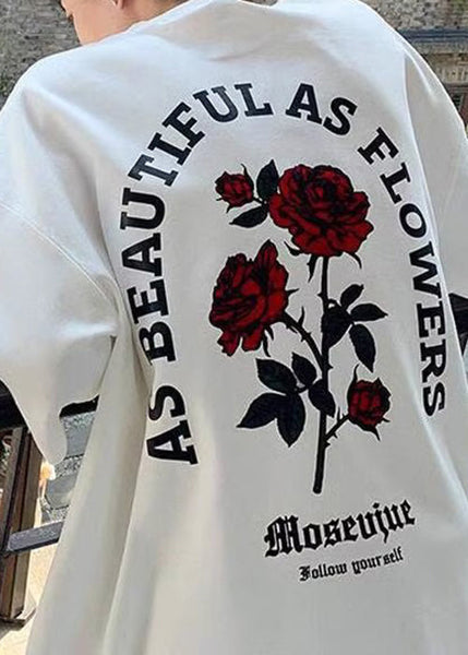 Mens Graphic Cotton Tees Half White Love Letter Loose Roses FashionChic
