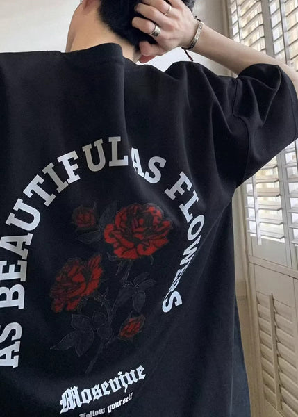 Mens Graphic Cotton Tees Half White Love Letter Loose Roses FashionChic