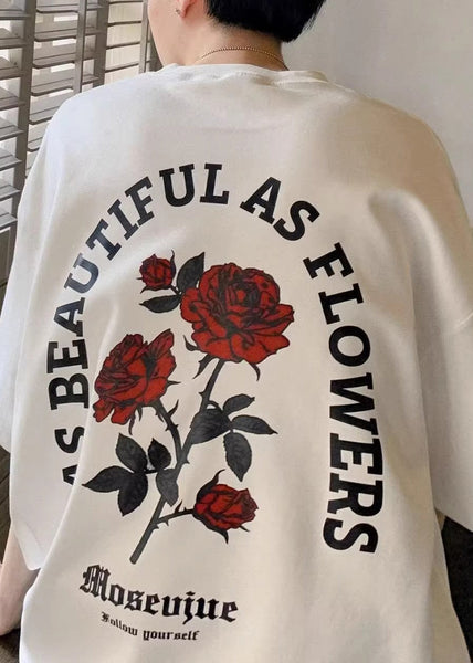 Mens Graphic Cotton Tees Half White Love Letter Loose Roses FashionChic