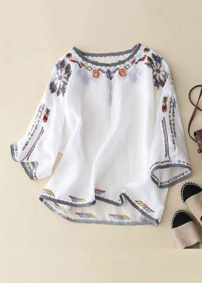 Loose White O-Neck Embroidered Linen T Shirt Half Sleeve GG028 MZF-HTP240610