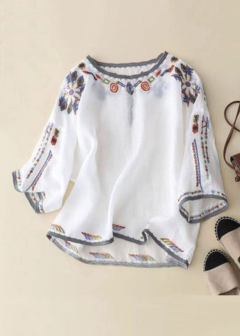Loose White O-Neck Embroidered Linen T Shirt Half Sleeve GG028 MZF-HTP240610