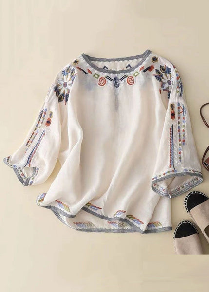 Loose White O-Neck Embroidered Linen T Shirt Half Sleeve GG028 MZF-HTP240610