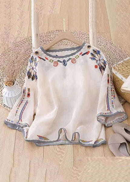 Loose White O-Neck Embroidered Linen T Shirt Half Sleeve GG028 MZF-HTP240610