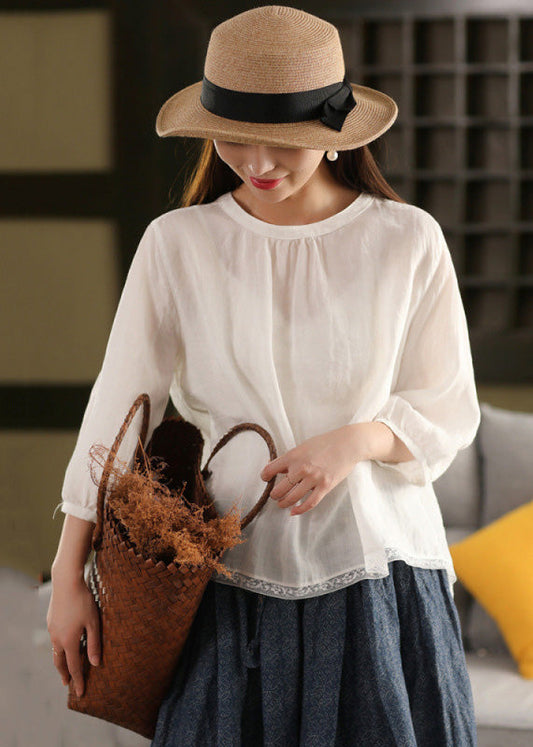 Summer Neck Tops Patchwork Shirt Loose O Lace White Linen FashionChic