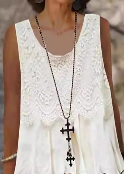 Loose White O-Neck Lace Patchwork Mid Dress Sleeveless FF056 MZF-SDM240607