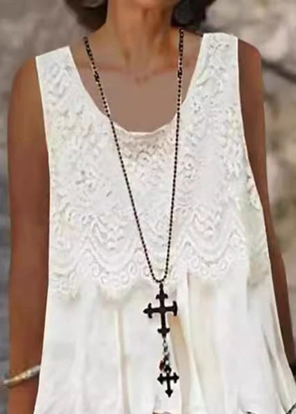 Loose White O-Neck Lace Patchwork Mid Dress Sleeveless FF056 MZF-SDM240607