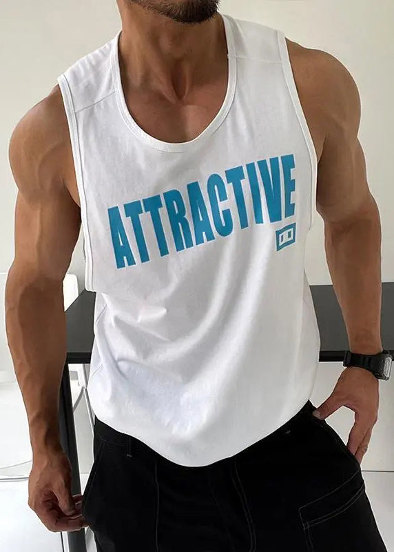 White Sleeveless Tank Neck Loose Letter Cotton Men O FashionChic