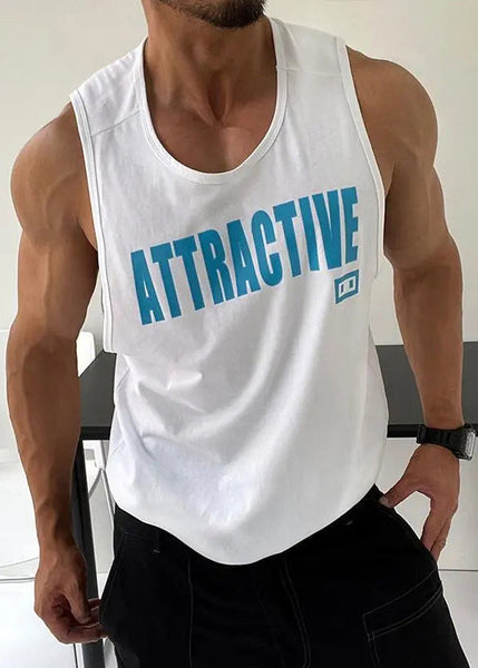 White Sleeveless Tank Neck Loose Letter Cotton Men O FashionChic