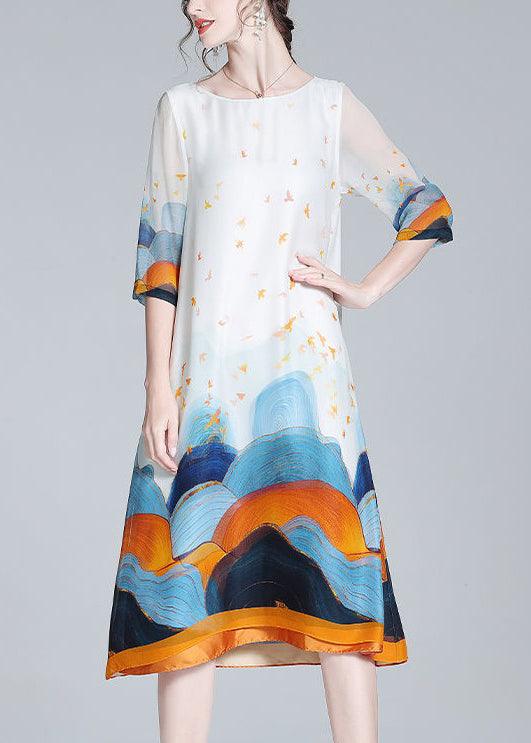 Loose White O Neck Print Silk Dresses Half Sleeve OP1041 Ada Fashion