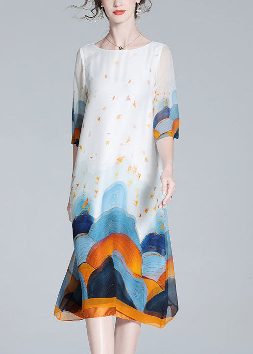 Loose White O Neck Print Silk Dresses Half Sleeve OP1041 Ada Fashion