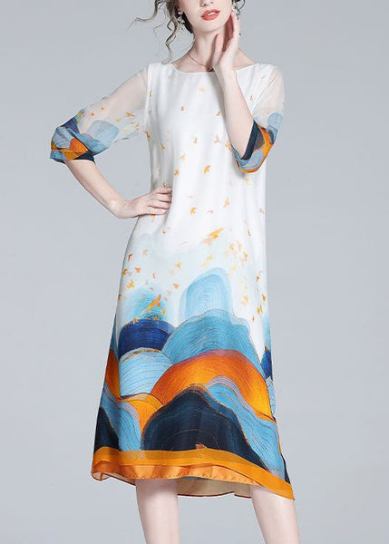 Loose White O Neck Print Silk Dresses Half Sleeve OP1041 Ada Fashion