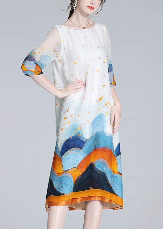 Loose White O Neck Print Silk Dresses Half Sleeve OP1041 Ada Fashion