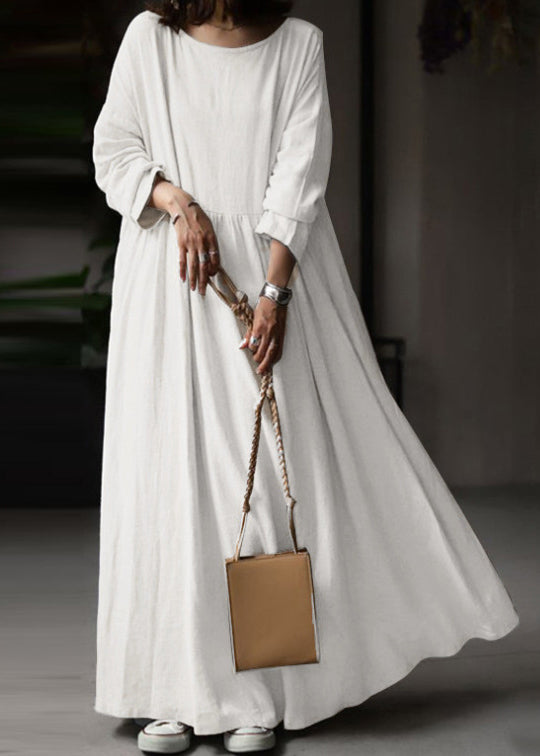 Loose White O Neck Solid Cotton Maxi Dress Long Sleeve FF053 MZF-FDL240607