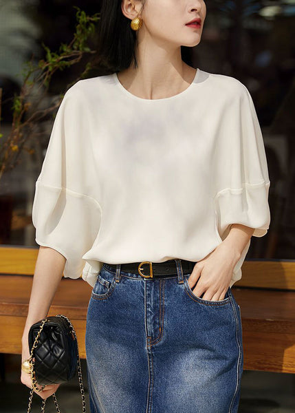 T Batwing Zippered White O Shirts Solid Silk Neck Loose Sleeve FashionChic