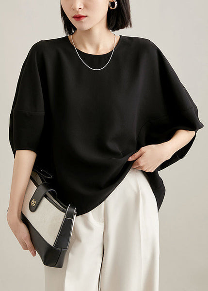 T Batwing Zippered White O Shirts Solid Silk Neck Loose Sleeve FashionChic