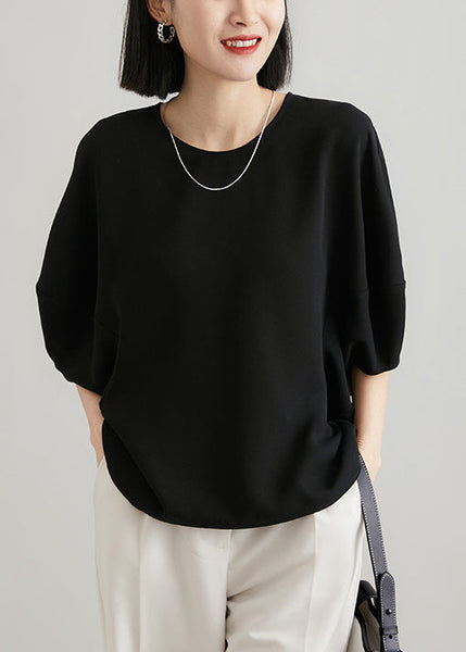 T Batwing Zippered White O Shirts Solid Silk Neck Loose Sleeve FashionChic