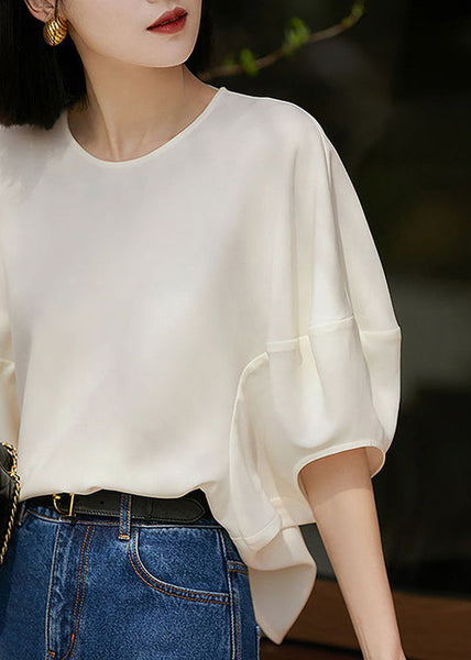T Batwing Zippered White O Shirts Solid Silk Neck Loose Sleeve FashionChic