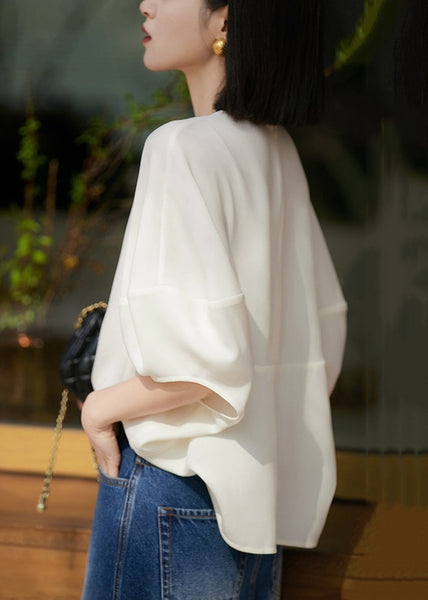 T Batwing Zippered White O Shirts Solid Silk Neck Loose Sleeve FashionChic
