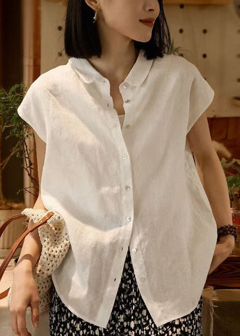 Loose Peter Collar Summer Pan White Solid Shirt Linen Button FashionChic